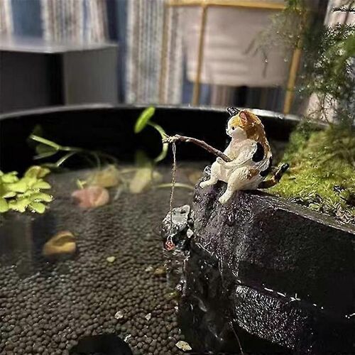 7PCS Chats Pêche Figurine Chats Sculpture Assis Pêche Petits Chats Mignons Résine Ornement Decorativ