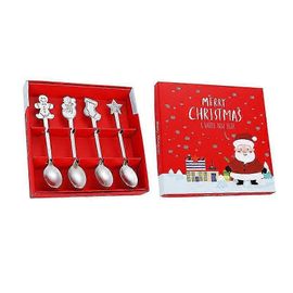 4pcs / Set Argent Doré Cuillère De Noël Boîte-Cadeau En Acier Inoxydable Cuillère À Café Elk Bonhomme De Neige Père Noël Cuillère De Pain D'épice Cadeau Argenté