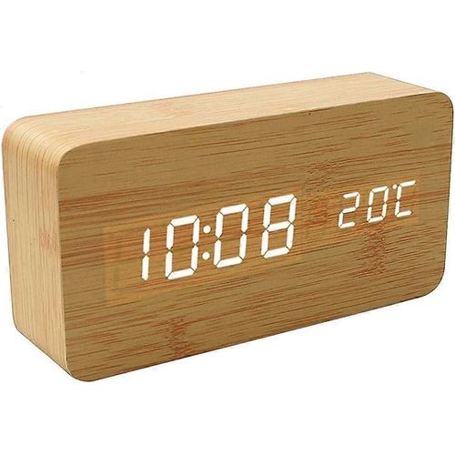 Nouveau produit,réveil électronique à led en bois avec horloge de bureau à affichage numérique à commande vocale