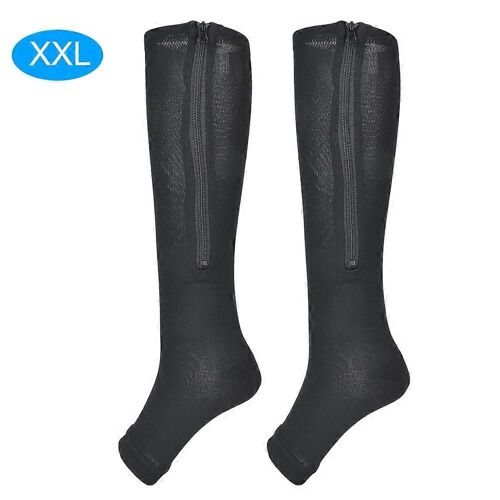 Chaussettes Compression Mi-Mollet Zippées - Bas Extensibles Ouvert - Noir Taille Xxl