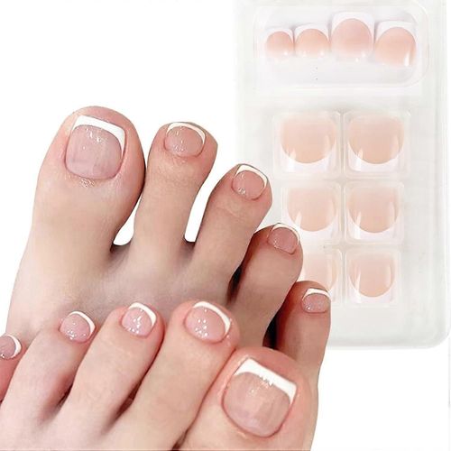 24pcs Français Faux Ongles Pointes Coller Sur Les Ongles Naturel Presse Sur Les Ongles Nude Court Faux Orteil Ongles Pour Femmes Toenail Décorations (Blanc) 