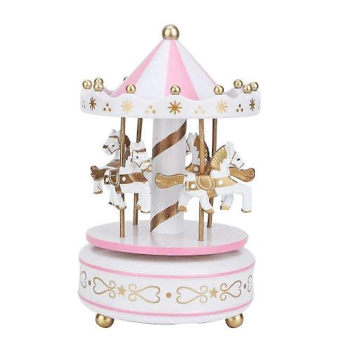 Boîte à Musique,Manège Boîte à Musique Carrousel Cadeau de Noël Mariage Cadeau d'anniversaire Décor Carrousel Rose (blanc + Rose)