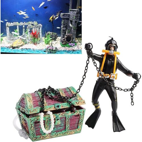 Ornement de chasseur de trésor, figurine d'action de poisson d'aquarium, plongeur, coffre au trésor, réservoir noir Lan