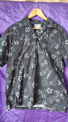 Chemise Fleurs Et Poissons Gris Noir Taille Large 100 % Coton Marque Alpha Republic Made In Hawaii Usa 205 Grammes Achetée À Los Angeles