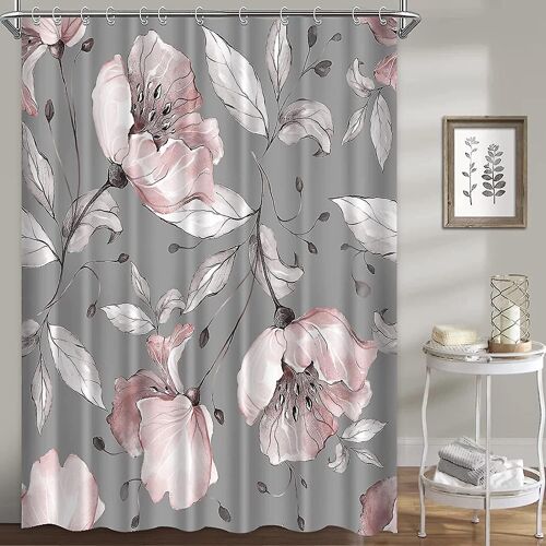 Rideaux de douche à fleurs pour salle de bain, ensemble de rideaux de douche à fleurs roses, grises et bleues, tissu imperméable et lavable 178 x 178 cm