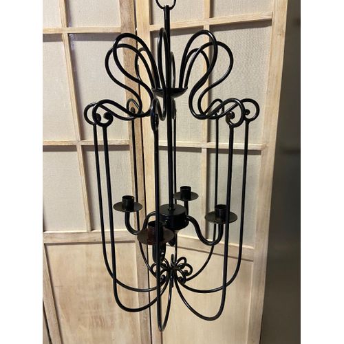 Ancien Lustre Plafonnier Lanterne Porte-Bougies Fer Forgé Art Populaire Déco