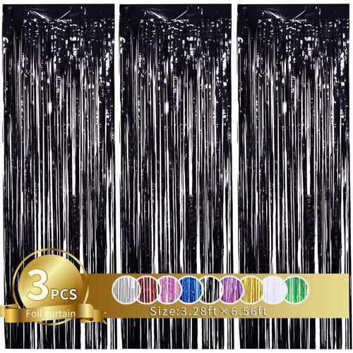 KALANKA-3 Pièces Noir Rideau Métallique de Frange Brillant Rideau à Franges Aluminium Shimmer Porte Fenêtre pour Décoration Fête Mariage d'anniversaire