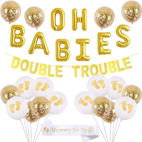 ChicSlick-Ensemble De Décorations De Douche De Bébé Jumeaux Thème Or, Bannière Double Problème, Ballons Oh Babies, Momie À Être Ceinture Pour Les Fournitures De Fête Des Bébés[X2003]