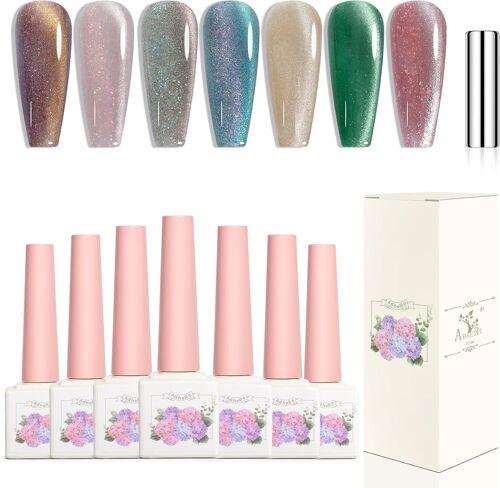 Adhere 7pcs 12ml Cat Eye Tremp¿¿ Uv Led Gel Vernis ¿¿ Ongles, Yeux De Chat Brillant R¿¿Fl¿¿Chissant, Brillant Diamant Magn¿¿Tique Glitter Avec Aimant 