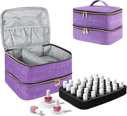 Rangement Vernis A Ongle, Couche Double Trousse Maquillage Accessoires Ongles, Malette Onglerie Organisateur 30 Bouteille(15Ml) & Lampe À Ongles, Materiel Onglerie Professionnel-Violet