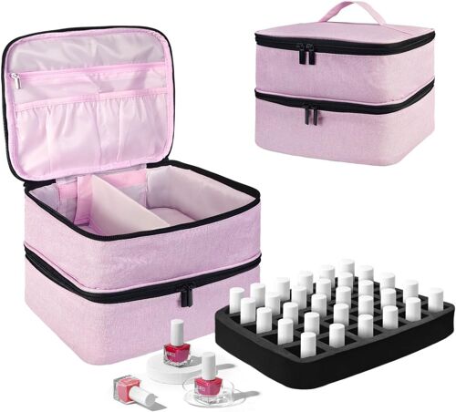 Rangement Vernis A Ongle, Couche Double Trousse Maquillage Accessoires Ongles, Malette Onglerie Organisateur 30 Bouteille(15Ml) & Lampe À Ongles, Materiel Onglerie Professionnel-Rose
