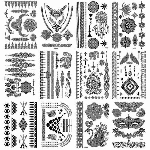 Tatouages Au Henné Noir Autocollant,Chaînes De Dentelle Mandala Faux Tatouage Tatouages Temporaires Au Henné Pour Les Femmes Fête 