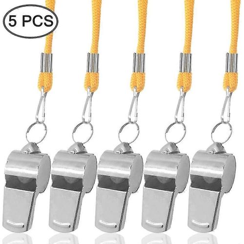 Paquet De 5 Sifflets En Acier Inoxydable Avec Lanière Jaune Pour Arbitre,Entraîneur,Survie,Urgence,Football