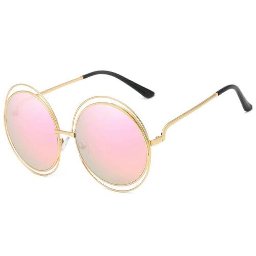 Lunettes de soleil rondes surdimensionnées à cadre métallique à double cercle en métal pour femmesRose