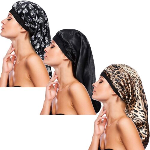 Paquet De 3 Long Bonnet De Satin Bonnet De Sommeil,Bande Élastique Douce Bonnets De Casquette Lâche Pour Cheveux Longs,Tresses