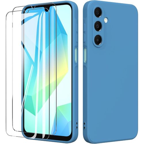 Coque Pour Samsung Galaxy A16 5g / 4g (6.7"") Avec 2 Verre Trempé Protection Écran,Housse Liquide Souple En Silicone Tpu Antichoc Bumper Étuis Anti Rayures Case Cover - Bleu