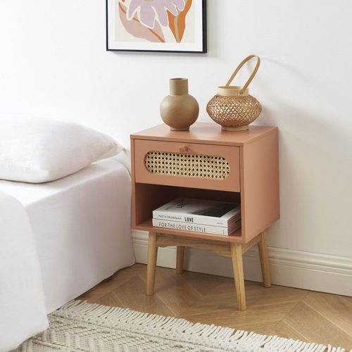 Table De Chevet 1 Tiroir En Bois Et Cannage - Terracotta