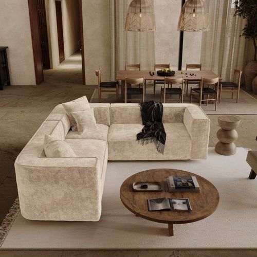 Canapé Symétrique 5 Places En Velours À Motifs Beige