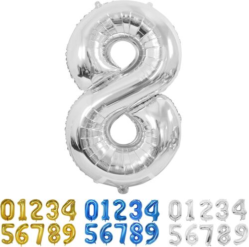 Ballons Numéro, 40 Pouces Argent Hélium Mylar Ballons Ballon Anniversaire 8 An Pour Enfant Garçon Fille Décorations De Fêtes D'Anniversaires (Chiffre 8)