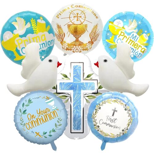 8 X Blue Communion Balloon Baptism First Communion Balloon Dove Cross Balloon Baptism Decoration For Boys, Girls (Blue)