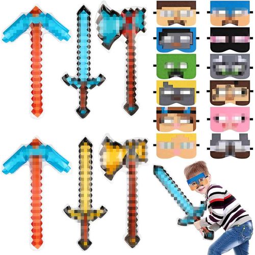 Cauc-18 Pcs Cadeau Anniversaire Enfants, Cadeaux Invités Anniversaire Enfant, Gonflables Jouet Arme - 2 Épées, 2 Pioche, 2 Hache, 12 Masques Gamer, Pour Halloween Fête De Cosplay Anniversaire