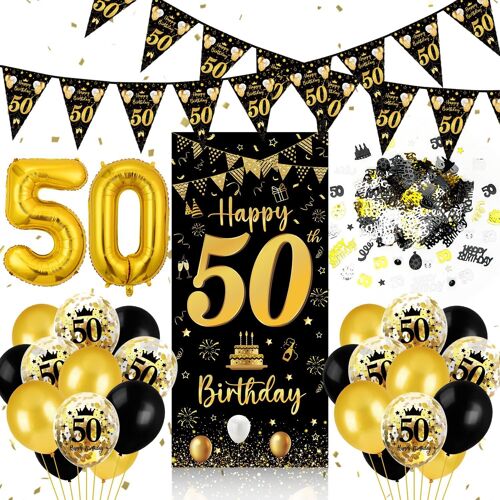 50Th Birthday Decoration For Men And Women, Black Gold Banner, Balloons, Triangle Confetti Banner For Party, Canvas Poster Background Photo Background