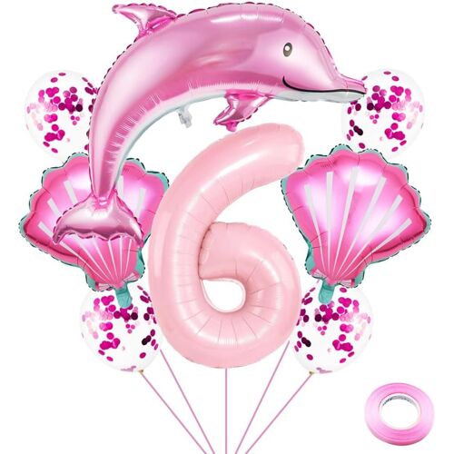 6 Year Dolphin Birthday Balloon Giant Dolphin Aluminum Foil Balloon 6 Years Polyester Film Balloon Marine Animals Theme Party Balloons Girl Birthday Decoration \ Pink