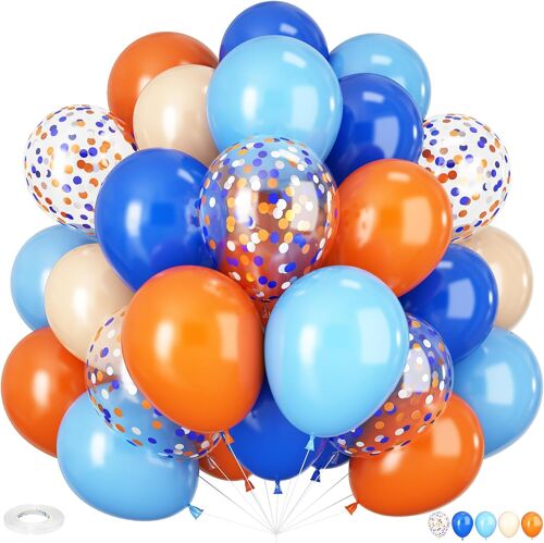 Blue Orange Balloons 60 Pack 12 Inch Dark Blue Light Blue Orange Beige Balloons Latex Confetti Helium Balloons For Space Party Boys Birthday Decoration