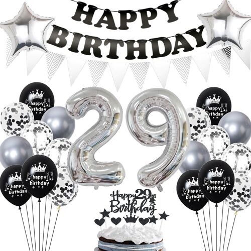 Décoration Anniversaire 29 Ans - Ballons Argent Et Noir Pour Femme Et Homme - Kit Fête