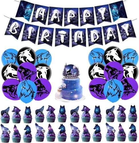 Balloon Birthday Wolf Happy Birthday Banner Round Latex Balloon Wolf Animal Cupcake Topper Birthday Party Decoration For Children (44 Pieces)