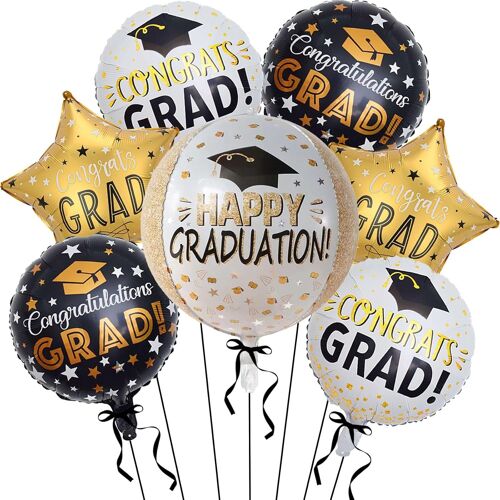 7 X Free Balloons, Graduation Decorations, 22 Inches Black Gold Foil Balloon, Graduation Party Decoration, For Cere School College Party (A)