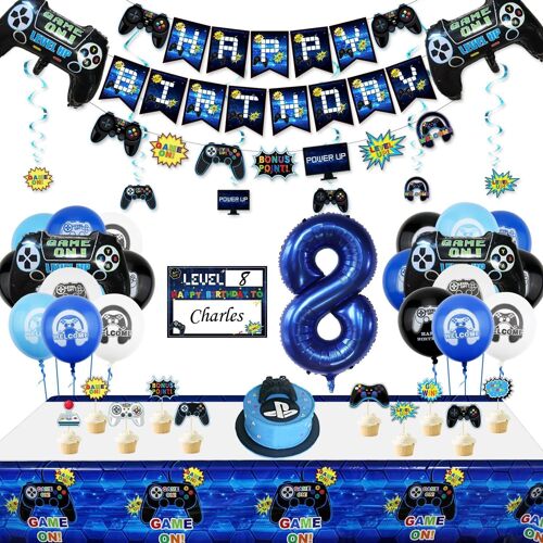 Video Game Party Decorations - Happy Birthday Banner, Video Game Controller Balloons, Video Game Hanging Sign, Candle, 8Th Birthday Party Decoration