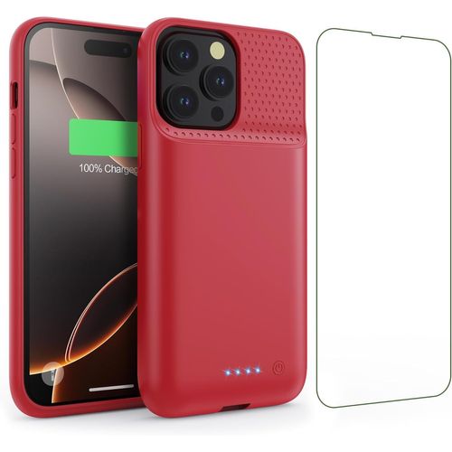 Kalanka-Coque Batterie Pour Iphone 16 Pro Max, Puissant 8600mah 15w Coque Rechargeable Batterie Externe Avec Écran De Protection En Verre Trempé Chargeur Portable Pour Iphone 16 Pro Max(6,9"") (Rouge)