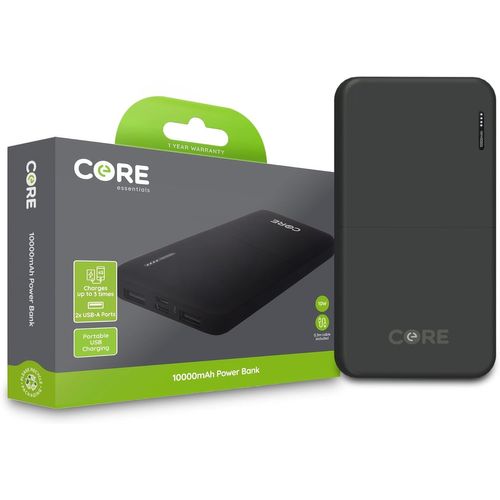 Core Essentials 10000mah Portable Phone Charger | Pd 5v 2 Usb Ports | Includes 1 Micro Usb Cable | Battery Comes Fully Charged | 2 Full Charging Capacities |