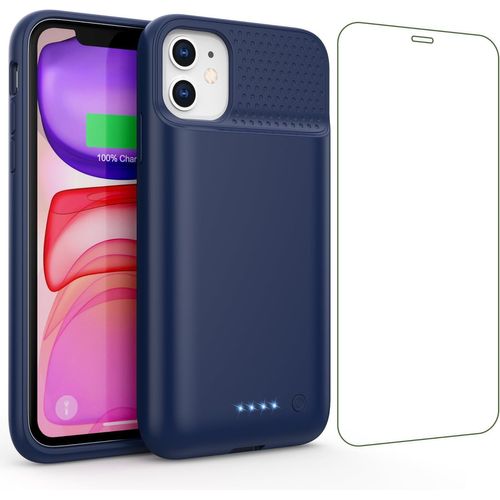 Kalanka-Coque Batterie Pour Iphone 11/Xr¿Mince Mais Puissant 7500mah¿ Coque Rechargeable Batterie Externe Avec Écran De Protection En Verre Trempé Chargeur Portable Pour Iphone 11/Xr(6,1 Pouces) - Bl