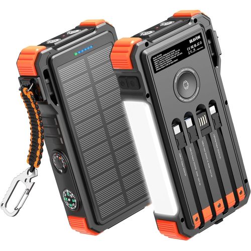 Kalcx-Chargeur Solaire Avec Câbles Intégrés 20000mah Batterie Externe Solaire 20w Usb C Battery Pack Avec Lampe Camping,Lampe Poche Pour Téléphones Portables,Charge Sans Fil Pour Apple Watch