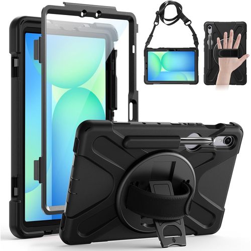 Coque Antichoc Pour Samsung Galaxy Tab S10 Fe 2025/S9 Fe 2023 10.9""/Tab S9/Tab S8/Tab S7 11"", Étui Robuste Avec Protection D'écran, Support Rotatif, Dragonne Et Bandoulière, Porte-Stylet, Noir
