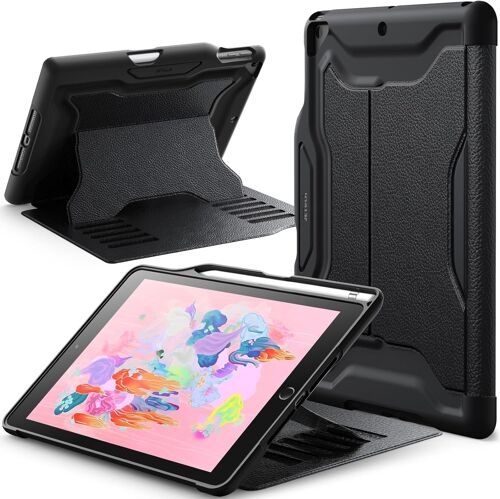 LORANKA-Coque pour iPad 9,7 Pouces 2018/2017 (6ème/5ème Génération) avec Porte Pencil, Housse Étui de Protection Support Magnétique à Angles Multiples, Antichoc (Noir)