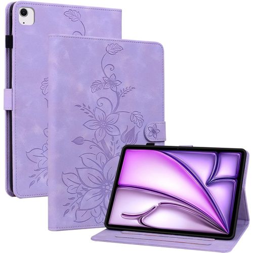 Kal-Coque Pour Ipad Air 11 (M3/M2 2025/2024)/ Ipad Air 5/4 10.9""/ Ipad Pro 11, Multi-Angles De Visualisation Housse De Protection En Similicuir Avec Porte-Carte Couverture Motif Lys, Pourpre