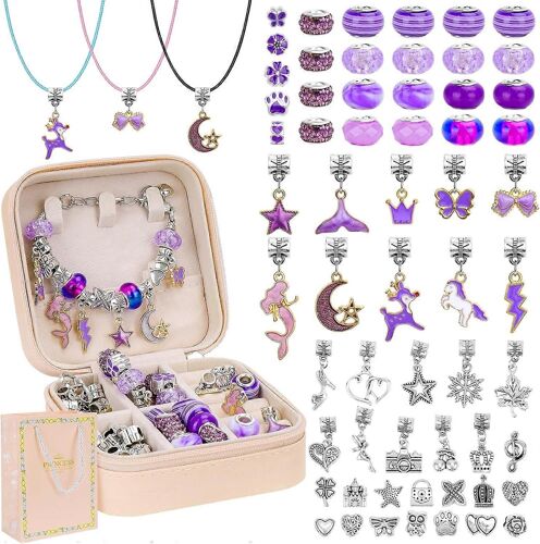 Kit De Fabrication De Bracelets À Breloques Pour Les Filles Fournitures De Fabrication De Bijoux Perles Pendentifs Collier Ensemble (Violet + Boîte À Bijoux)