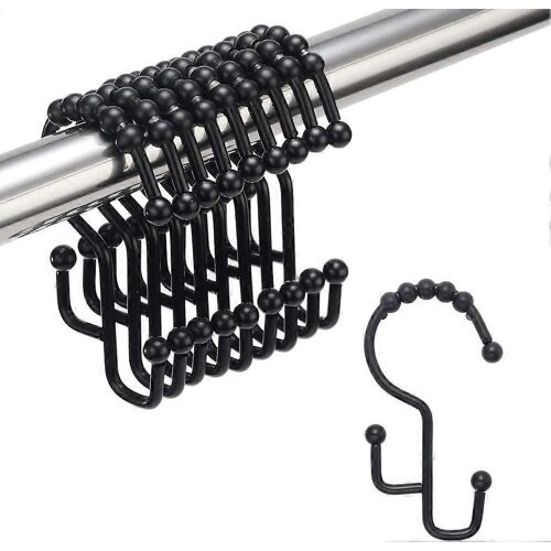 Crochets de rideau de douche à double hauteur, en acier inoxydable, résistants à la rouille, faciles à glisser, noirs, lot de 12 crochets