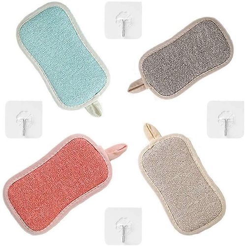 Éponge à vaisselle lavable,éponge à récurer antibactérienne en microfibre,tampons réutilisables avec 4 crochets adhésifs (éponge 4 pièces)