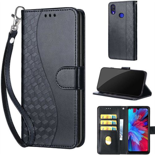 Saturcase Coque Pour Xiaomi Redmi Note 7, S-Cube Pu Cuir Magnétique Flip Portefeuille Support Porte-Carte Dragonne Protecteur Housse Étui Pour Xiaomi Redmi Note 7 (Bl-Noir)