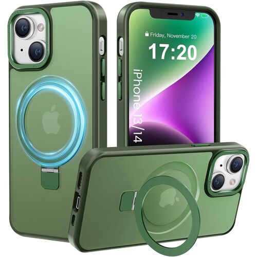 Coque iphone 13/14 magnetique, pour Support Invisible, Protection Militaire Contre Les Chutes, Anti-Rayures/Empreintes Translucide Mat pour iphone 13/14 Coque(Vert)