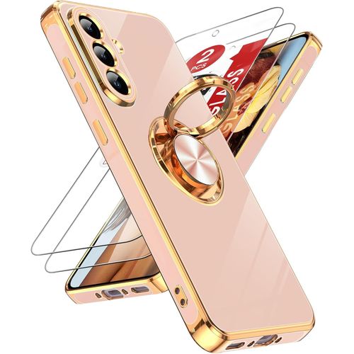 Coque Pour Samsung Galaxy A56 5g Avec 2 Verre Trempé Vitre Protection Et Anneau Telephone Rotatif À 360°, Mince En Tpu Souple Etui Antichoc Housse Pour Samsung A 56 5g - Rose