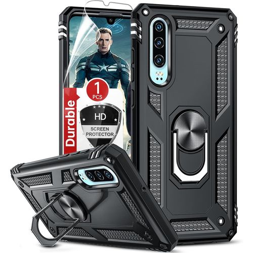 Coque Pour Huawei P30 Avec Anneau Support, Double Couche Renforcée Défense Bumper Tpu Silicone Antichoc Armure Housse Etui Avec Protection Écran Pour Huawei P30 Noir[Wke05567]