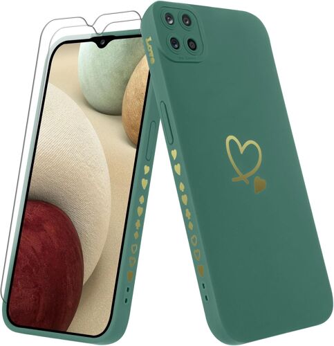 AEFJ-Coque pour Samsung Galaxy A12/M12/A12 Nacho avec 2 Pièces Verre Trempé, Etui Fille avec Or Motif Coeur Souple TPU Silicone Antichoc Anti-Rayures Housse Compatible avec Samsung A12, Vert