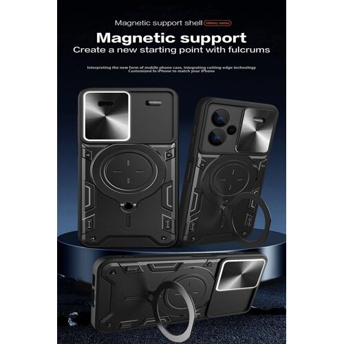 Coque Pour Xiaomi Redmi Note 13 Pro+ Plus 5g, Très Mince Antichoc Armure Silicone Housse Avec Glisser Caméra Cover Et Magnétique Support, Prime Pc+Tpu Durable Étui.Noir