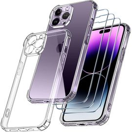 Pack 4-En-1 Coque Transparente Iphone 14 Pro (6,1"") - Tpu Souple Antichoc Anti-Rayures + 3 Verres Trempés Et Protection Caméra