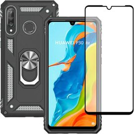 CAUC-Coque pour Huawei P30 Lite et Verre Trempé D'écran Protecteur, Silicone Antichoc Défense Bumper Armure Housse Etui pour Huawei P30 Lite (Noir)